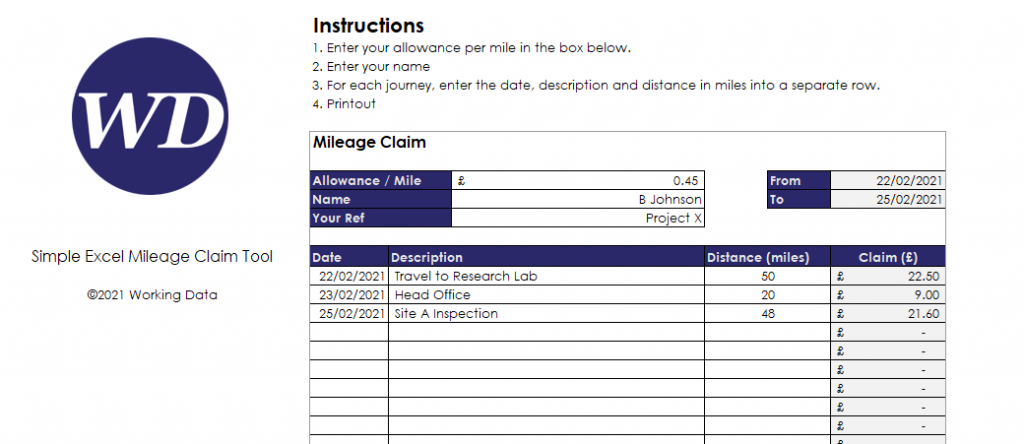 Adding journeys to the Simple Excel Mileage Claim Tool