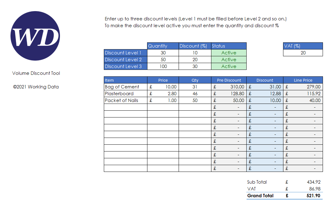 Screenshot of volume discount spreadsheet